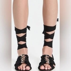 Tory Burch Black Ribbon Lace Up Flat Sandals Gladiator Style Size 6